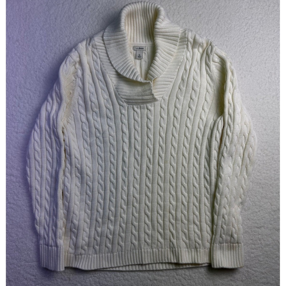 LL Bean Mens XL Cream Cotton Cable Knit Shawl Collar Sweater 295214 Off White
